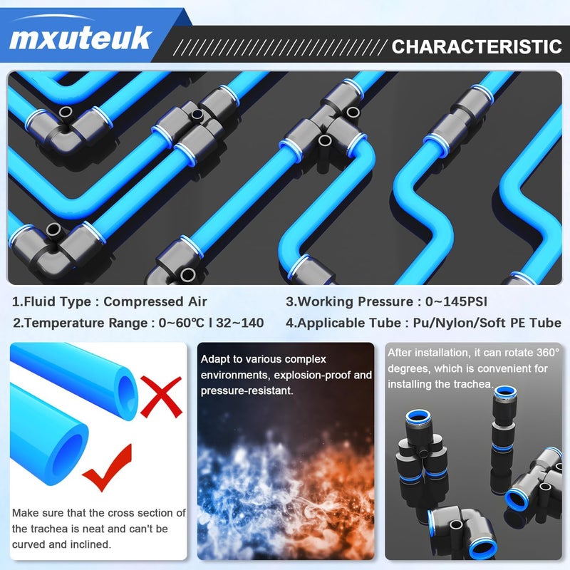 mxuteuk موصلات دفع 1/4" OD، موصلات خط الهواء 1/4" OD، موصلات خرطوم الهواء السريع للتوصيل لخرطوم 1/4" (34 قطعة) - Image 4